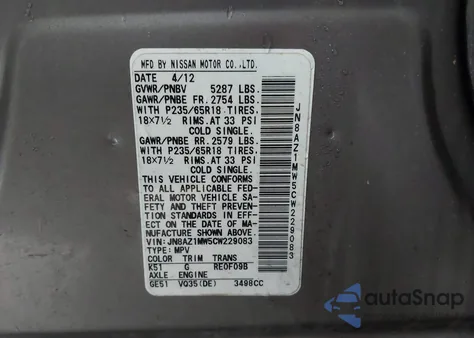 2012 Nissan Murano Sl z USA, uszkodzony, nr VIN JN8AZ1MW5CW229083